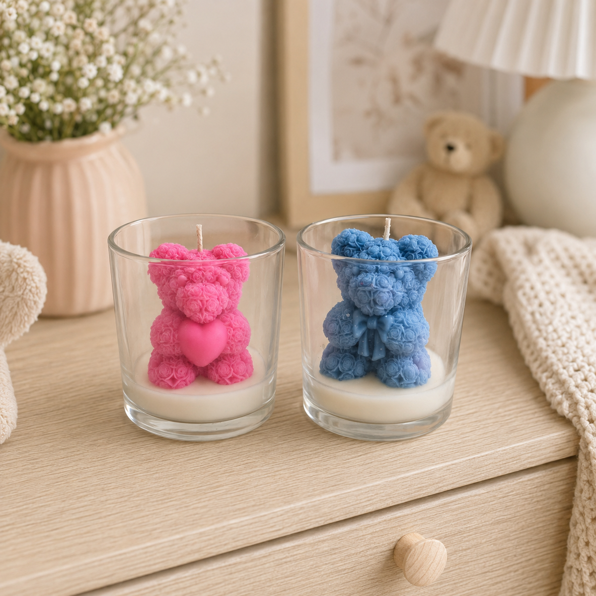 Aura & Hues Floral Teddy Bear Candles in Glass Jars, Pink & Blue Set of 2, Rose & Sandalwood Fragrance, Baby Shower & Gift Décor