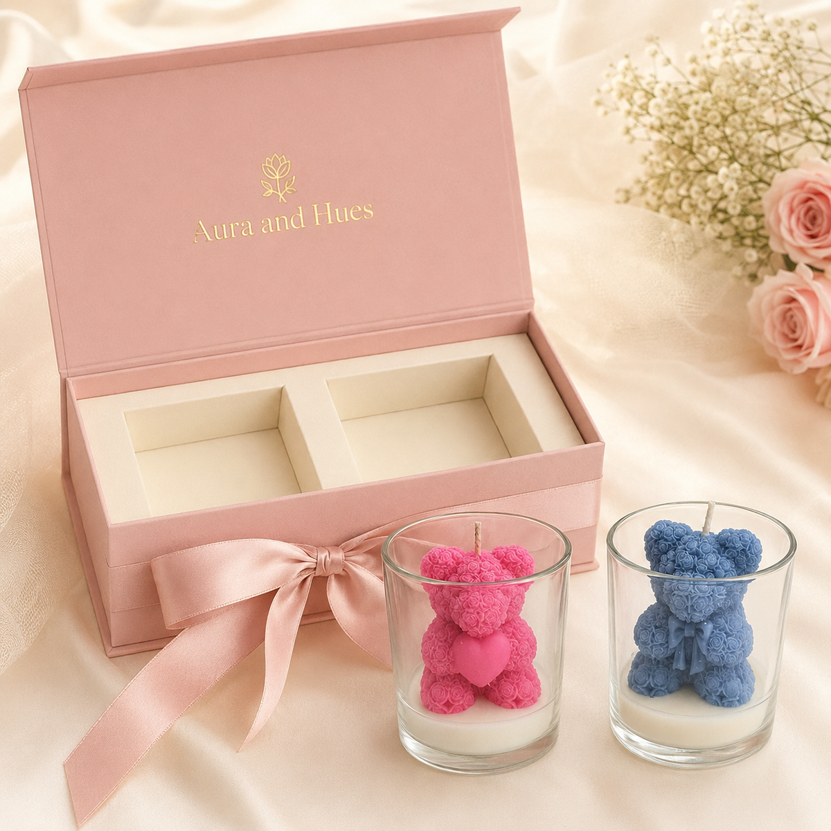 Aura & Hues Floral Teddy Bear Candles in Glass Jars, Pink & Blue Set of 2, Rose & Sandalwood Fragrance, Baby Shower & Gift Décor