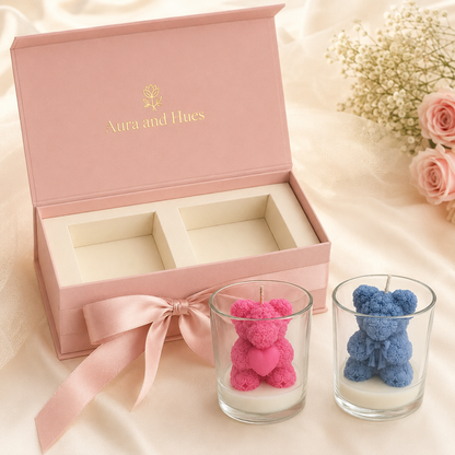 Aura & Hues Floral Teddy Bear Candles in Glass Jars, Pink & Blue Set of 2, Rose & Sandalwood Fragrance, Baby Shower & Gift Décor