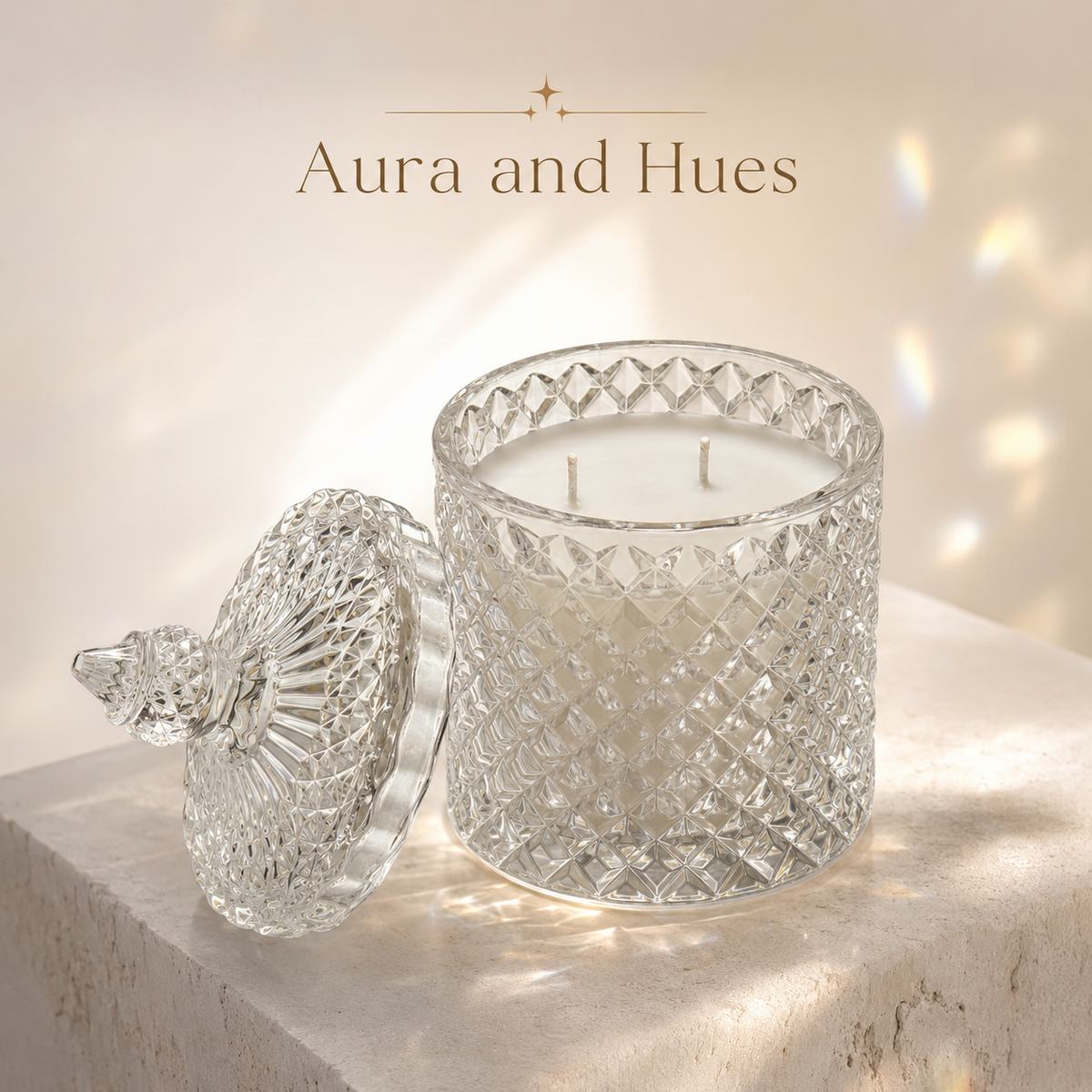 Aura & Hues Frangipani Scented Candle in Cut-Glass Jar with Lid, Two-Wick Decorative Candle, Reusable Diamond-Pattern Glass Container for Home Décor & Gifting