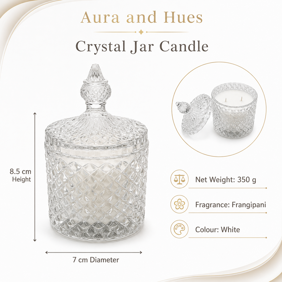 Aura & Hues Frangipani Scented Candle in Cut-Glass Jar with Lid, Two-Wick Decorative Candle, Reusable Diamond-Pattern Glass Container for Home Décor & Gifting