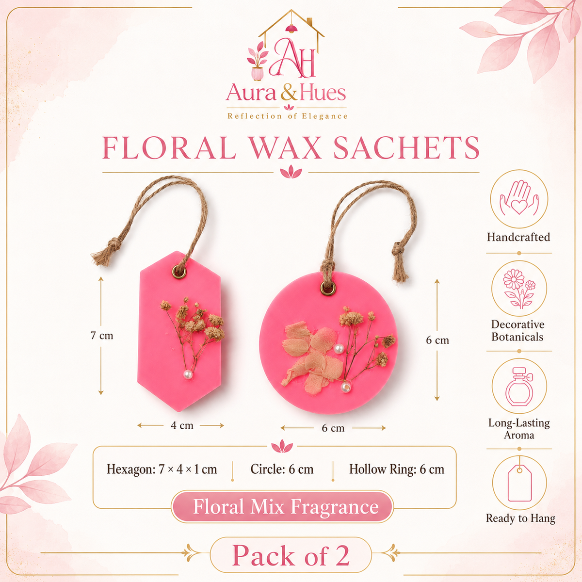 Aura & Hues (set of 2) Botanical Wax Sachets with Dried Floral Decorations,(Random shape and designs)