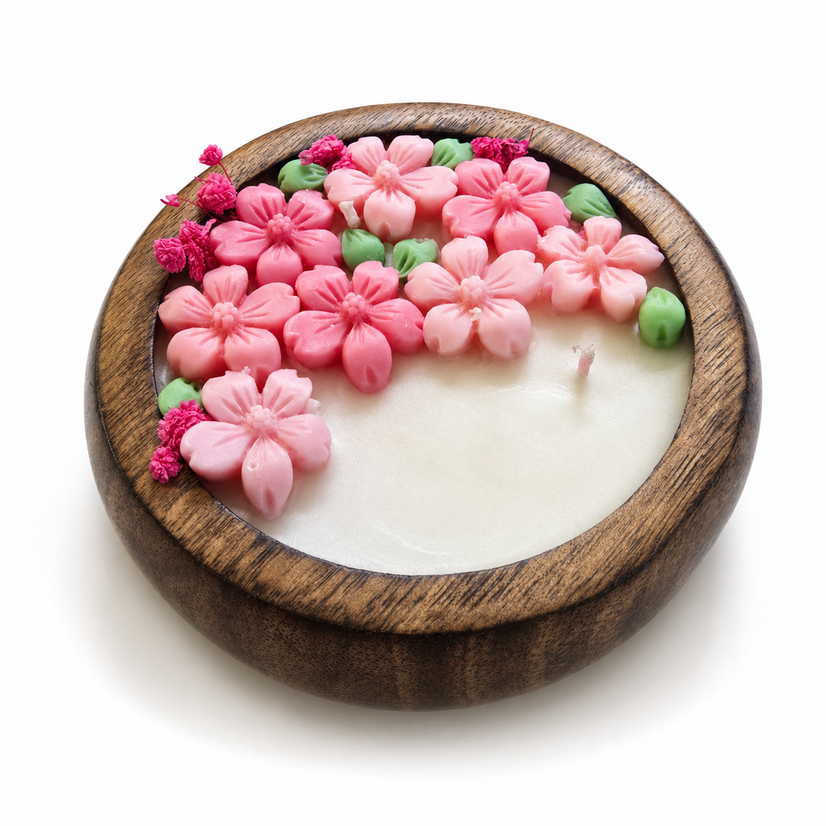 Aura & Hues Handcrafted Flower Wooden Bowl Candle (SET OF 2) with Tuberose Fragrance & Decorative Wax Flowers, Scented Candle for Home Décor, Table Centrepiece & Gifting
