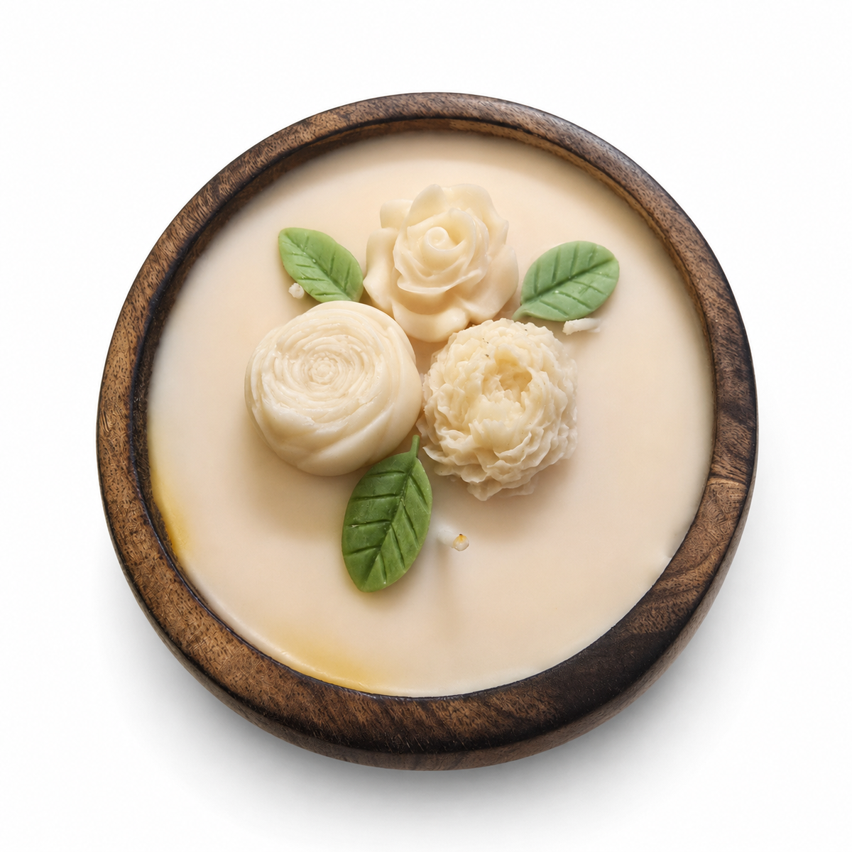 Aura & Hues Handcrafted Flower Wooden Bowl Candle (SET OF 2) with Tuberose Fragrance & Decorative Wax Flowers, Scented Candle for Home Décor, Table Centrepiece & Gifting