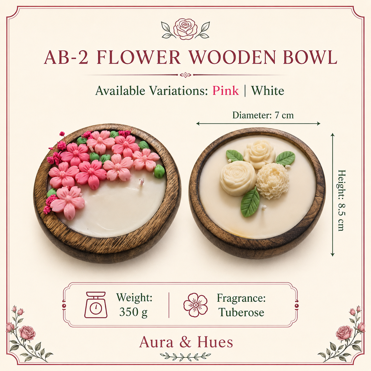 Aura & Hues Handcrafted Flower Wooden Bowl Candle (SET OF 2) with Tuberose Fragrance & Decorative Wax Flowers, Scented Candle for Home Décor, Table Centrepiece & Gifting