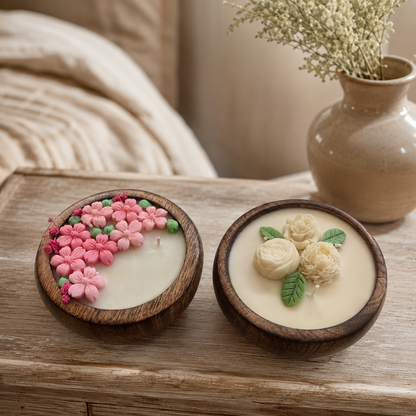 Aura & Hues Handcrafted Flower Wooden Bowl Candle (SET OF 2) with Tuberose Fragrance & Decorative Wax Flowers, Scented Candle for Home Décor, Table Centrepiece & Gifting