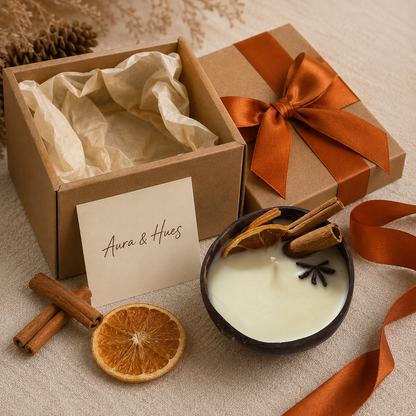Aura & Hues Coconut Shell Scented Candle, Set of 2pcs  Orange Cinnamon Fragrance, Cream Wax with Dried Orange, Cinnamon & Star Anise, Rustic Home Décor & Gifting, 350 g