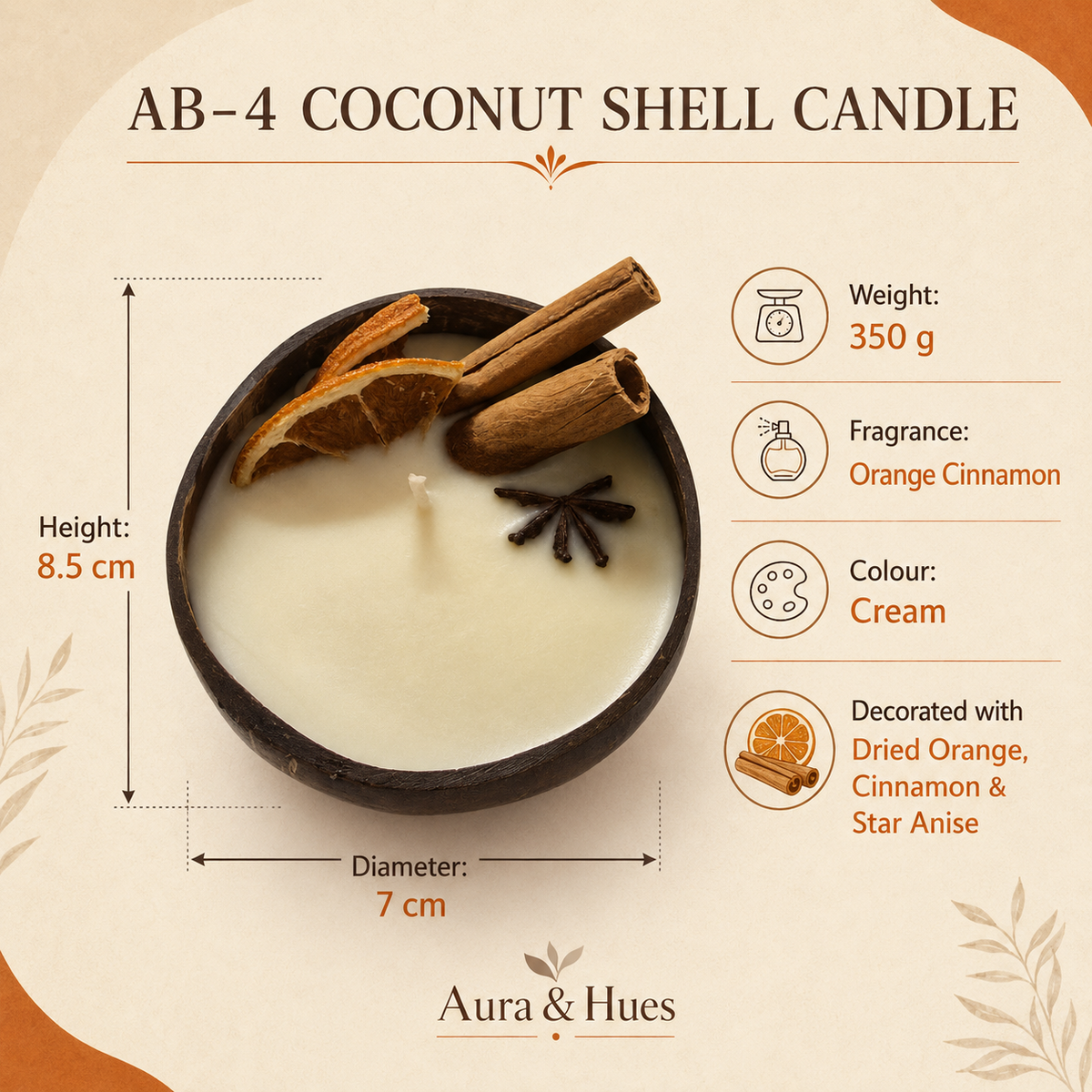 Aura & Hues Coconut Shell Scented Candle, Set of 2pcs  Orange Cinnamon Fragrance, Cream Wax with Dried Orange, Cinnamon & Star Anise, Rustic Home Décor & Gifting, 350 g