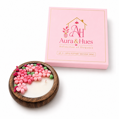 Aura & Hues Handcrafted Flower Wooden Bowl Candle (SET OF 2) with Tuberose Fragrance & Decorative Wax Flowers, Scented Candle for Home Décor, Table Centrepiece & Gifting