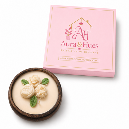 Aura & Hues Handcrafted Flower Wooden Bowl Candle (SET OF 2) with Tuberose Fragrance & Decorative Wax Flowers, Scented Candle for Home Décor, Table Centrepiece & Gifting