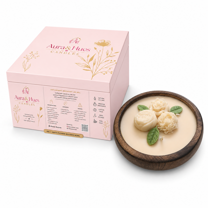 Aura & Hues Handcrafted Flower Wooden Bowl Candle (SET OF 2) with Tuberose Fragrance & Decorative Wax Flowers, Scented Candle for Home Décor, Table Centrepiece & Gifting