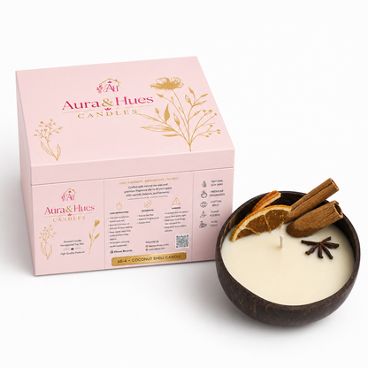Aura & Hues Coconut Shell Scented Candle, Set of 2pcs  Orange Cinnamon Fragrance, Cream Wax with Dried Orange, Cinnamon & Star Anise, Rustic Home Décor & Gifting, 350 g