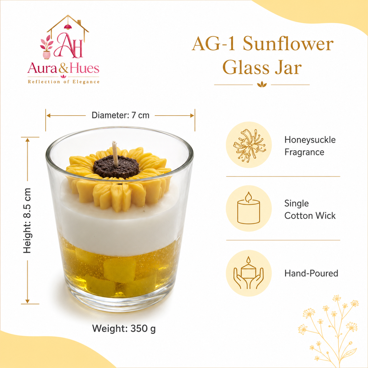 Aura & Hues Sunflower Glass Jar Scented Candle, Honeysuckle Fragrance, Hand-Poured Yellow & Cream Decorative Candle with Cotton Wick, Home Décor & Gifting, 7 × 8.5 cm, 350 g