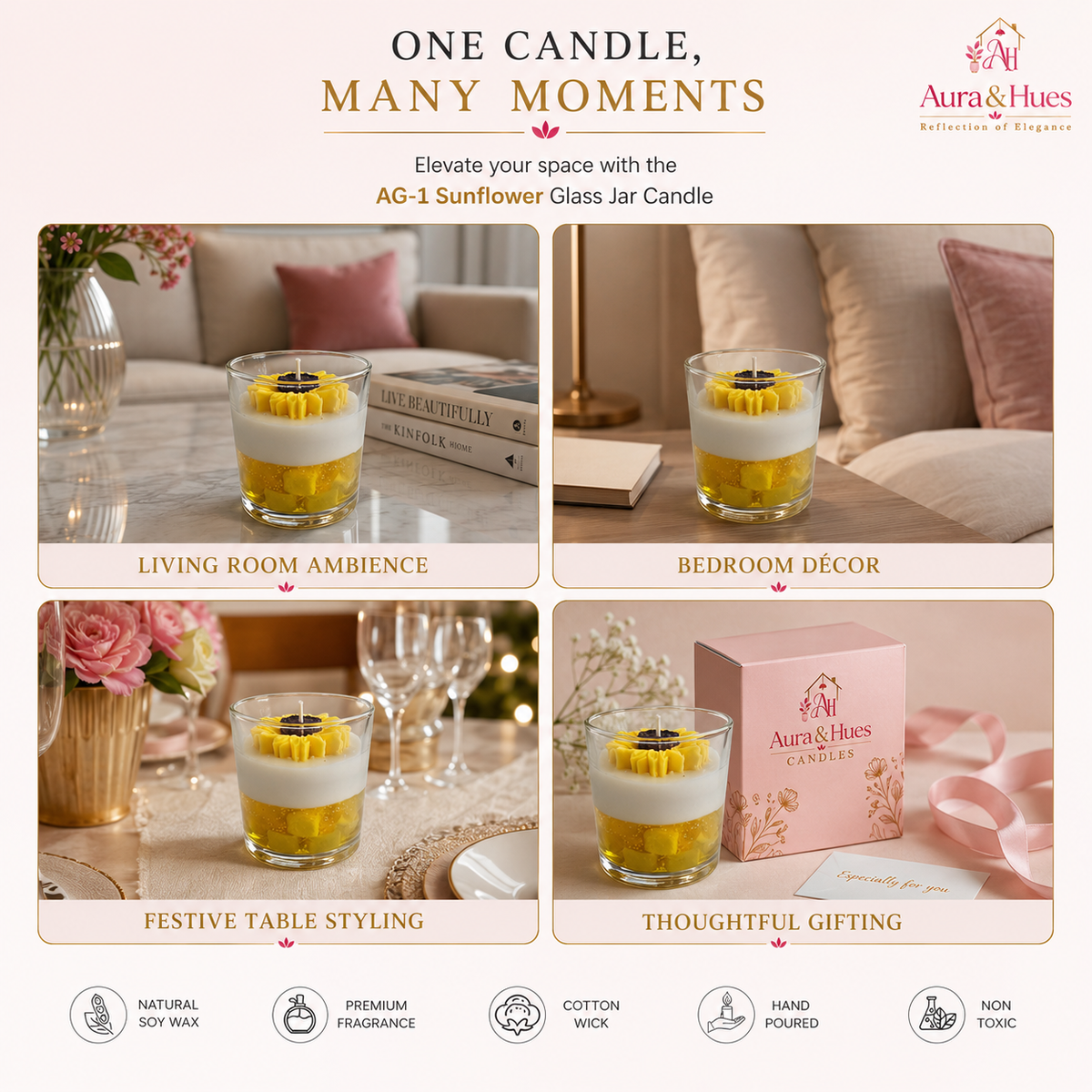 Aura & Hues Sunflower Glass Jar Scented Candle, Honeysuckle Fragrance, Hand-Poured Yellow & Cream Decorative Candle with Cotton Wick, Home Décor & Gifting, 7 × 8.5 cm, 350 g