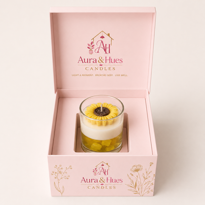 Aura & Hues Sunflower Glass Jar Scented Candle, Honeysuckle Fragrance, Hand-Poured Yellow & Cream Decorative Candle with Cotton Wick, Home Décor & Gifting, 7 × 8.5 cm, 350 g