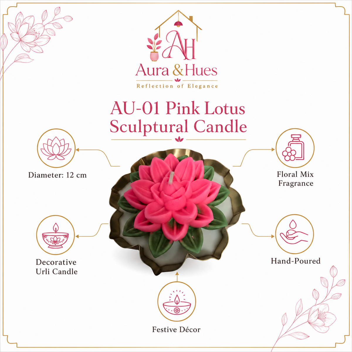 Aura & Hues Pink Lotus Urli Candle, Floral Mix Fragrance, Hand-Poured Sculptural Candle, 12 cm Diameter, Decorative Candle for Festive Décor & Gifting