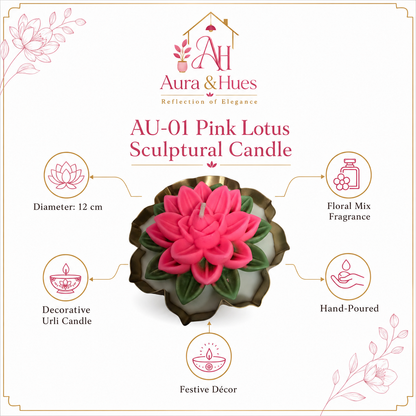 Aura & Hues Pink Lotus Urli Candle, Floral Mix Fragrance, Hand-Poured Sculptural Candle, 12 cm Diameter, Decorative Candle for Festive Décor & Gifting