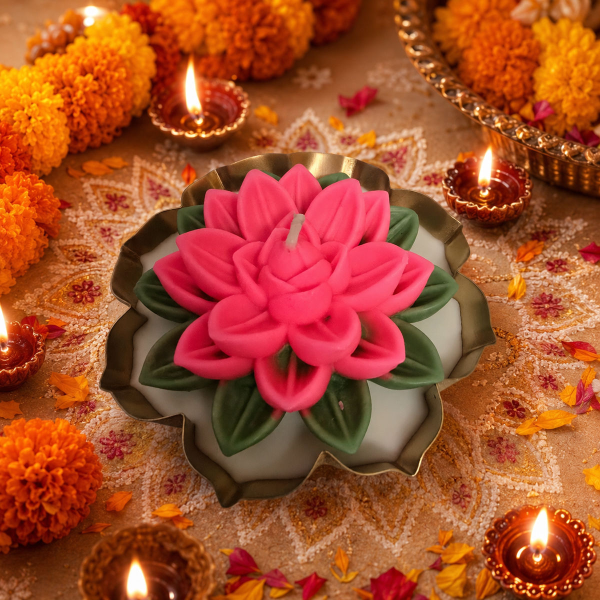Aura & Hues Pink Lotus Urli Candle, Floral Mix Fragrance, Hand-Poured Sculptural Candle, 12 cm Diameter, Decorative Candle for Festive Décor & Gifting