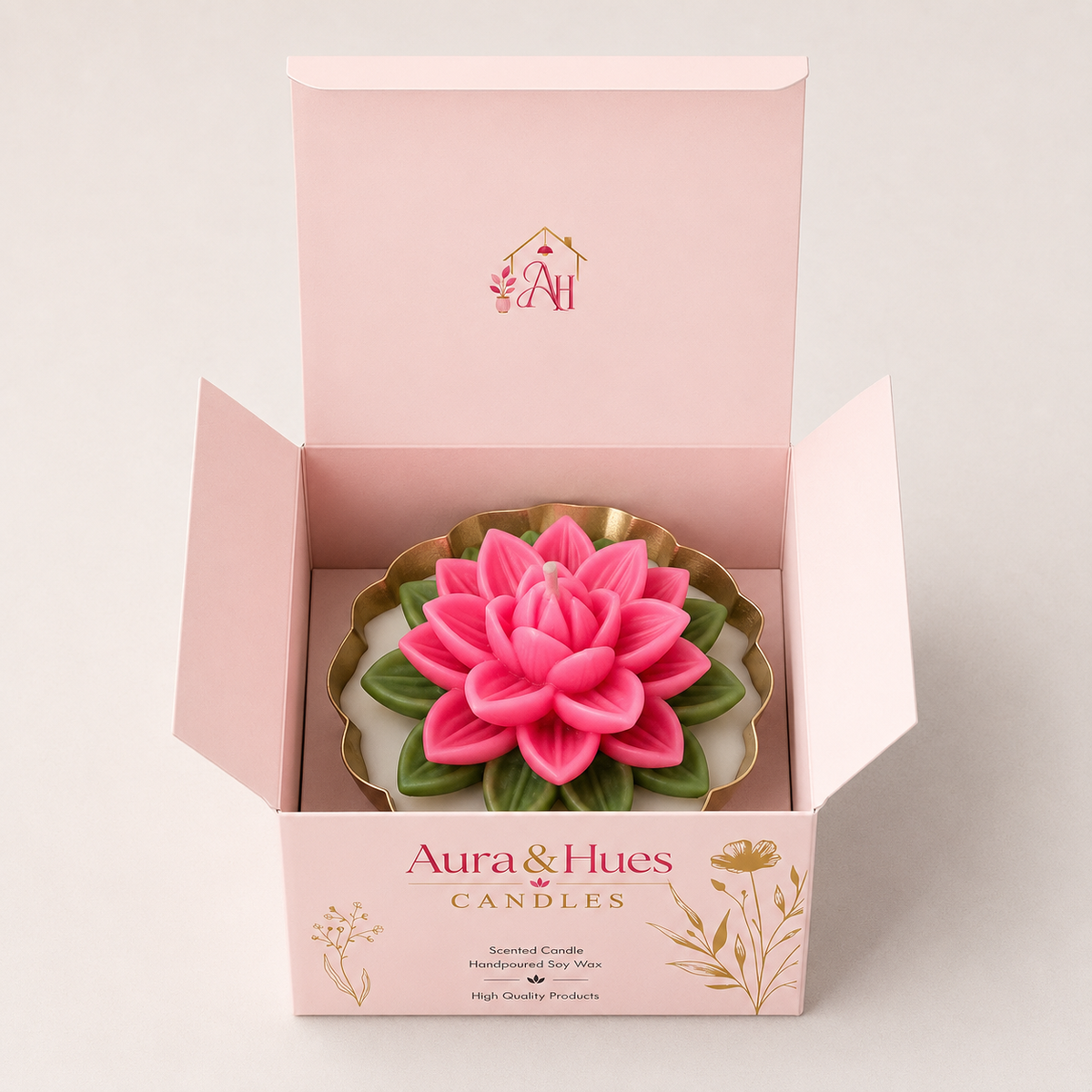 Aura & Hues Pink Lotus Urli Candle, Floral Mix Fragrance, Hand-Poured Sculptural Candle, 12 cm Diameter, Decorative Candle for Festive Décor & Gifting