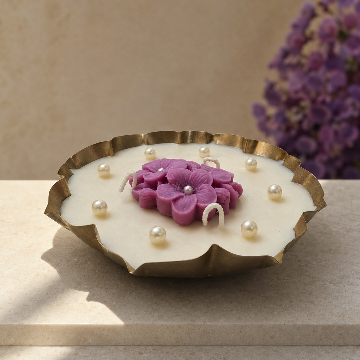 Aura & Hues Decorative Floral Urli Candle, Orange Rose & Ivory Shell Design, Gold-Toned Scalloped Bowl, Multi-Wick Candle for Home Décor & Festive Gifting