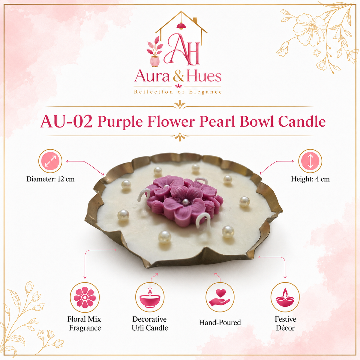 Aura & Hues Decorative Floral Urli Candle, Orange Rose & Ivory Shell Design, Gold-Toned Scalloped Bowl, Multi-Wick Candle for Home Décor & Festive Gifting