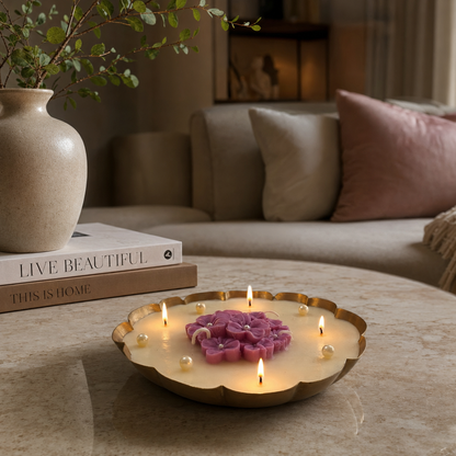 Aura & Hues Decorative Floral Urli Candle, Orange Rose & Ivory Shell Design, Gold-Toned Scalloped Bowl, Multi-Wick Candle for Home Décor & Festive Gifting