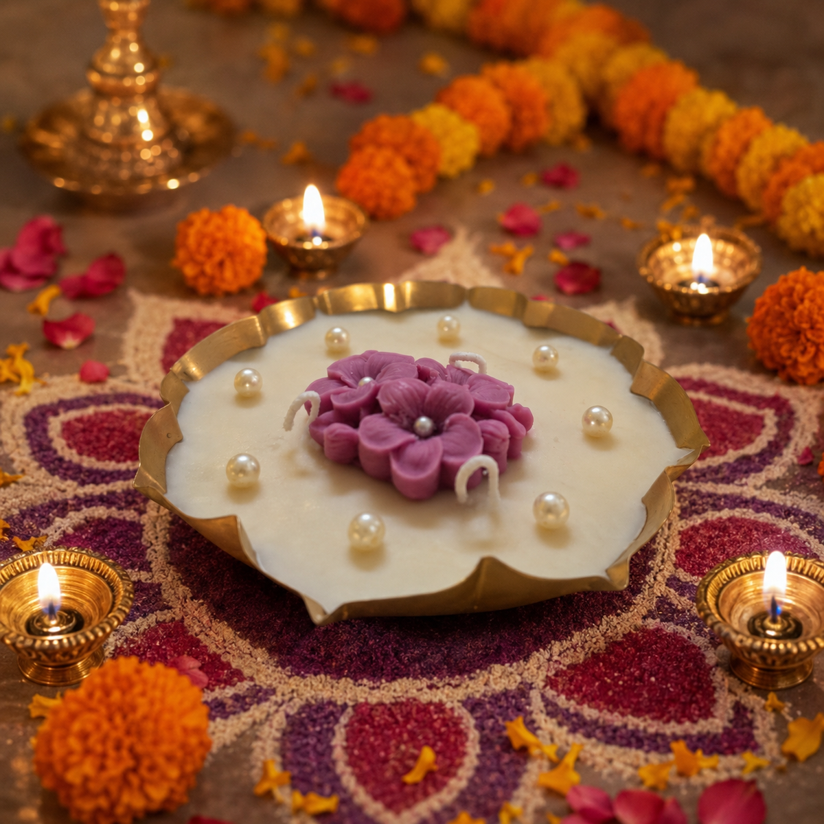 Aura & Hues Decorative Floral Urli Candle, Orange Rose & Ivory Shell Design, Gold-Toned Scalloped Bowl, Multi-Wick Candle for Home Décor & Festive Gifting