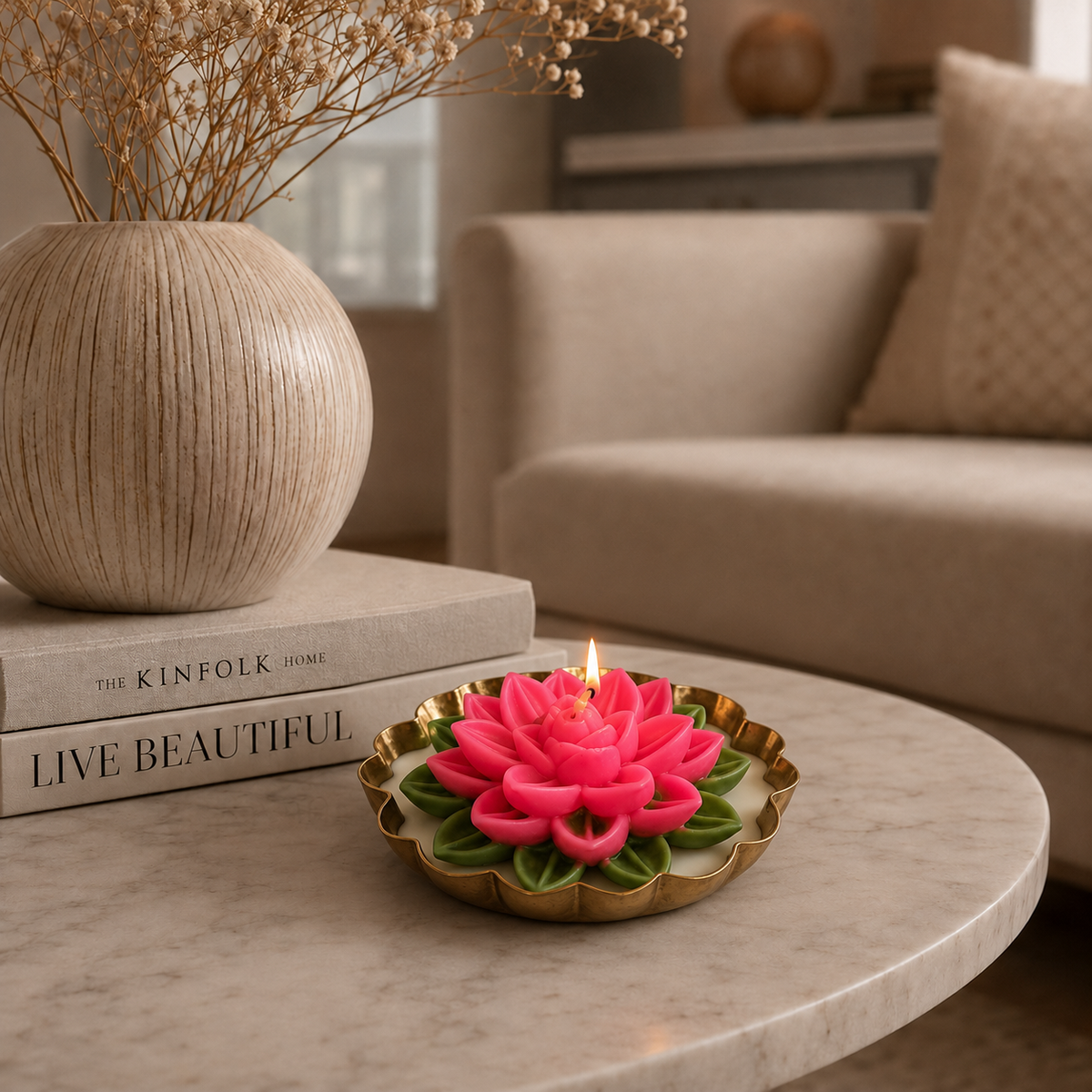 Aura & Hues Pink Lotus Urli Candle, Floral Mix Fragrance, Hand-Poured Sculptural Candle, 12 cm Diameter, Decorative Candle for Festive Décor & Gifting