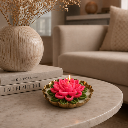 Aura & Hues Pink Lotus Urli Candle, Floral Mix Fragrance, Hand-Poured Sculptural Candle, 12 cm Diameter, Decorative Candle for Festive Décor & Gifting