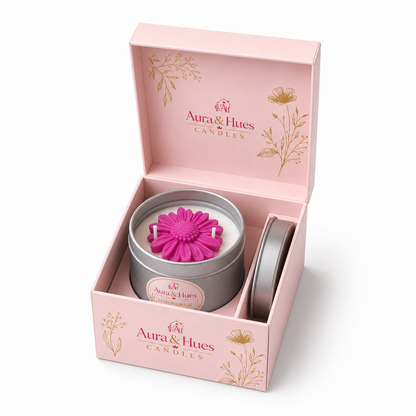 Aura & Hues Floral Tin Scented Candle with Lid, Decorative Flower Wax & Two Cotton Wicks, Reusable Metal Tin for Home Décor & Gifting, (set of 2 ) 8 cm Diameter × 5 cm Height