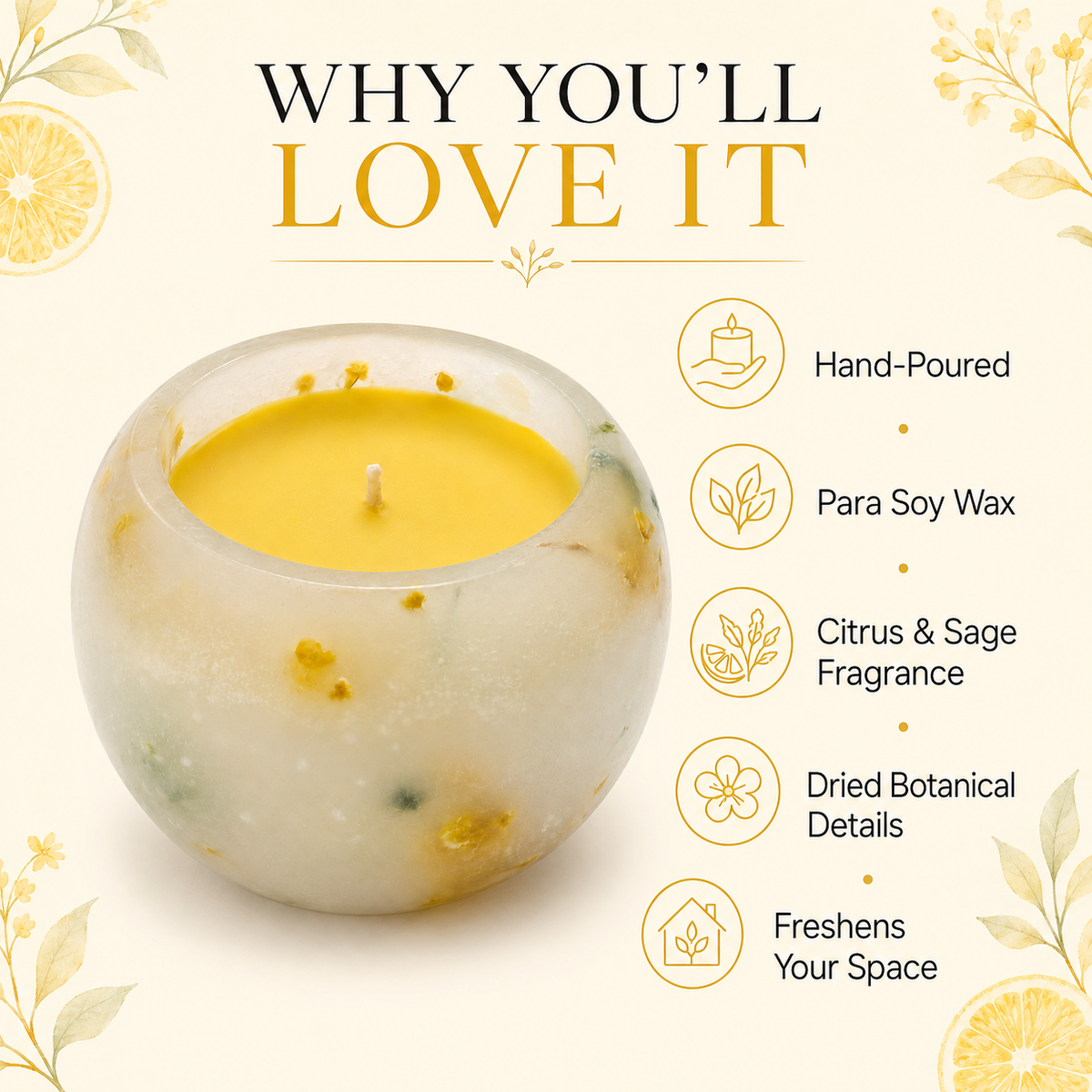 Citrus & Sage Botanical Scented Candle, Hand-Poured Para-Soy Wax Candle with Dried Botanical Details, Round Cream & Yellow Decorative Candle for Home Décor & Gifting