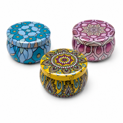 Decorative Mandala Tin Soy Wax Candle with Matching Lid (set of 2)