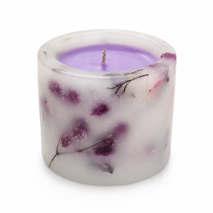 Lavender Scented Botanical Pillar Candle, Para-Soy Wax with Embedded Floral Details, Light Purple Decorative Candle for Home Décor & Gifting, 8 cm Height × 7 cm Diameter, 250 g
