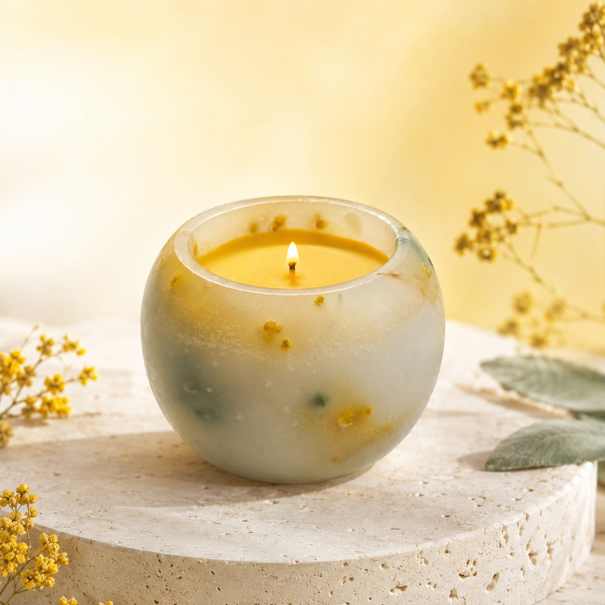 Citrus & Sage Botanical Scented Candle, Hand-Poured Para-Soy Wax Candle with Dried Botanical Details, Round Cream & Yellow Decorative Candle for Home Décor & Gifting