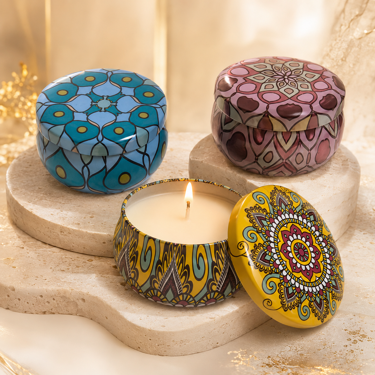 Decorative Mandala Tin Soy Wax Candle with Matching Lid (set of 2)