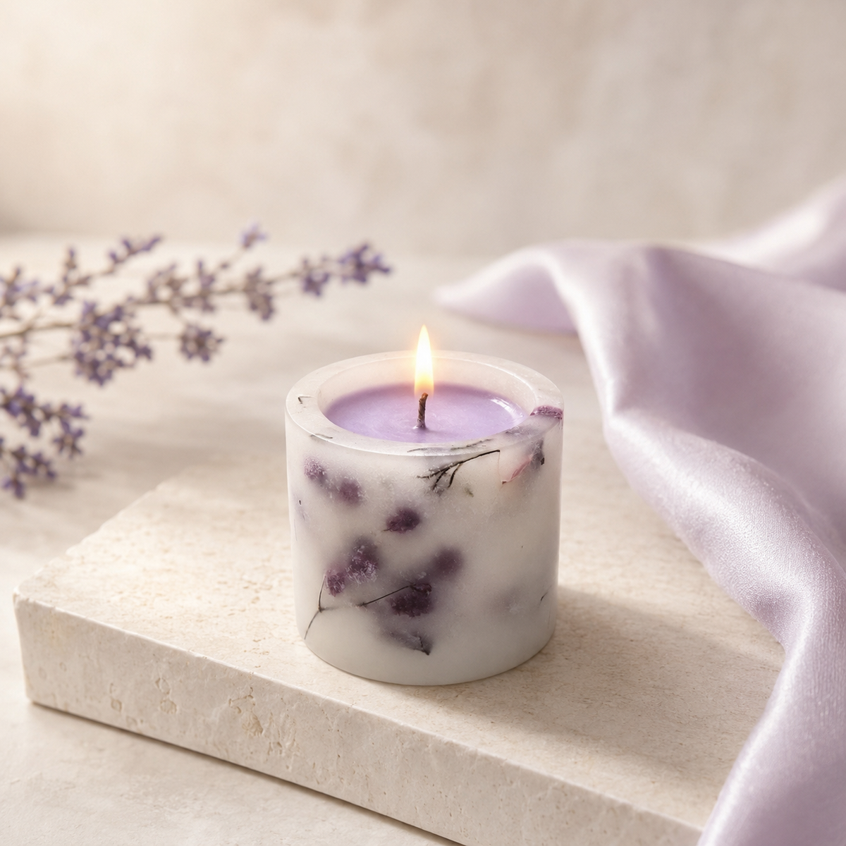 Lavender Scented Botanical Pillar Candle, Para-Soy Wax with Embedded Floral Details, Light Purple Decorative Candle for Home Décor & Gifting, 8 cm Height × 7 cm Diameter, 250 g