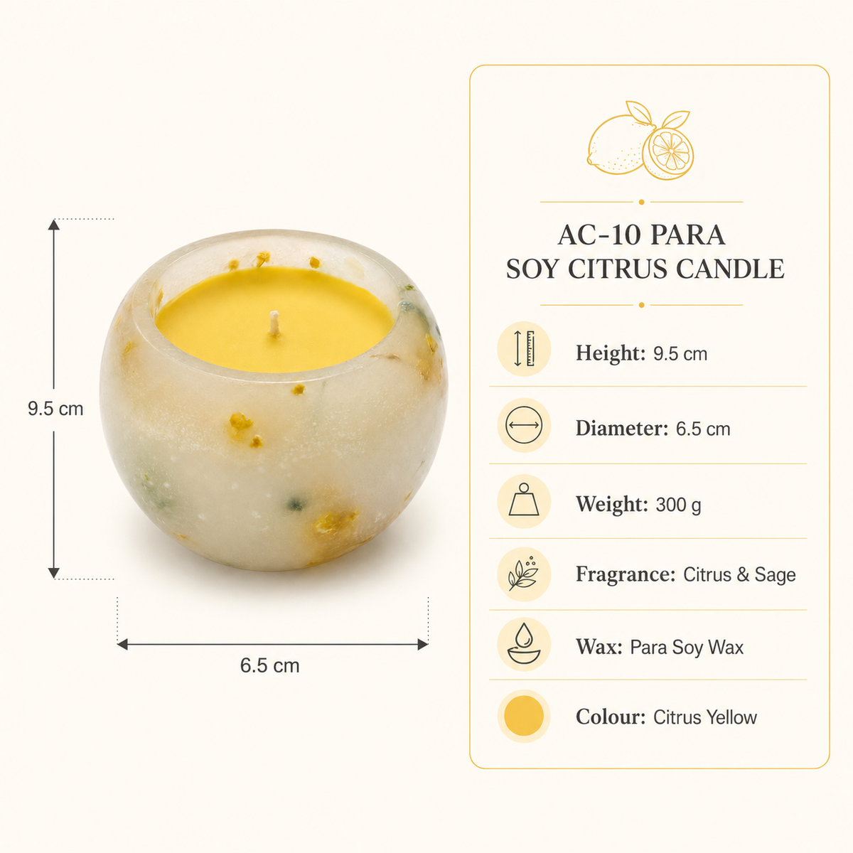 Citrus & Sage Botanical Scented Candle, Hand-Poured Para-Soy Wax Candle with Dried Botanical Details, Round Cream & Yellow Decorative Candle for Home Décor & Gifting