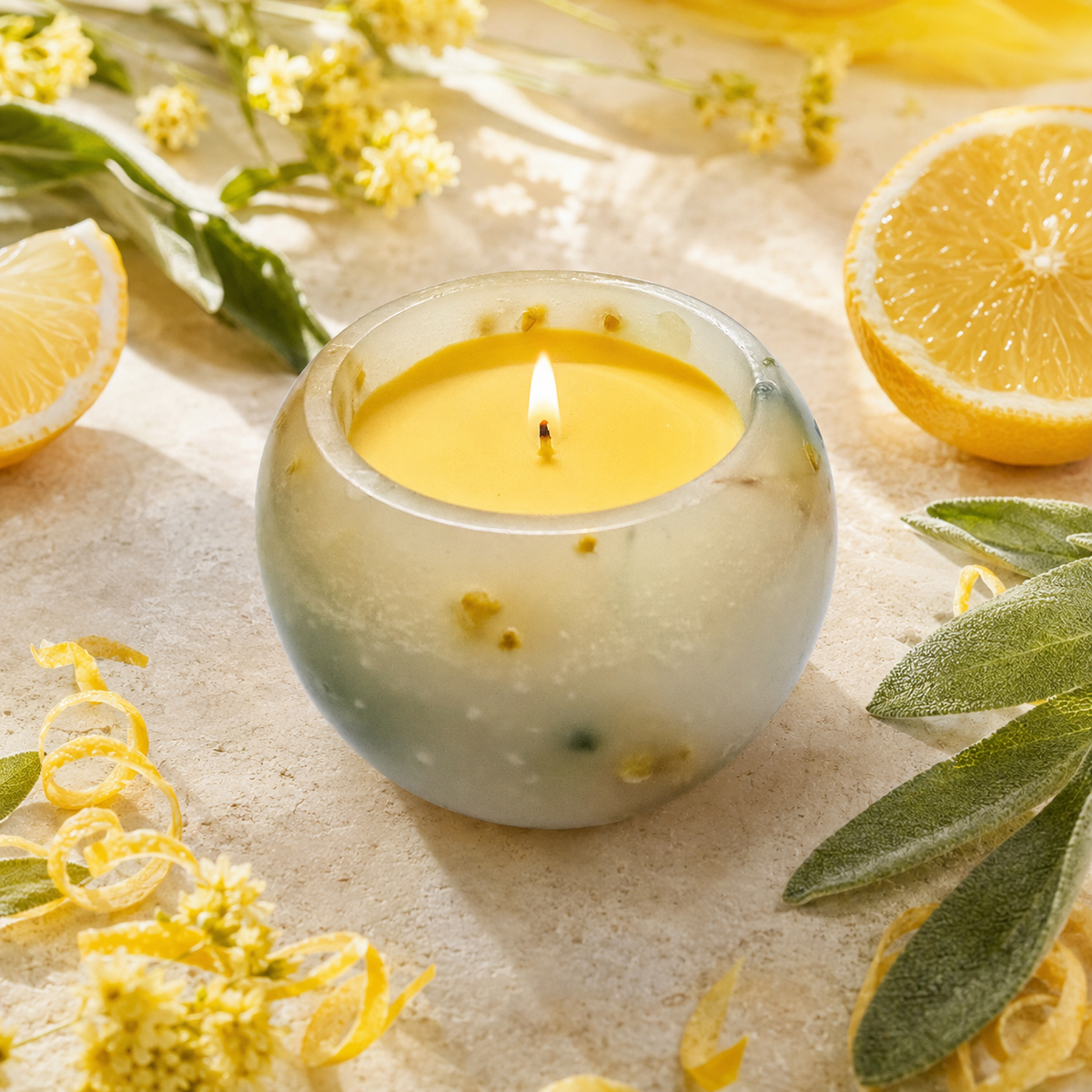 Citrus & Sage Botanical Scented Candle, Hand-Poured Para-Soy Wax Candle with Dried Botanical Details, Round Cream & Yellow Decorative Candle for Home Décor & Gifting