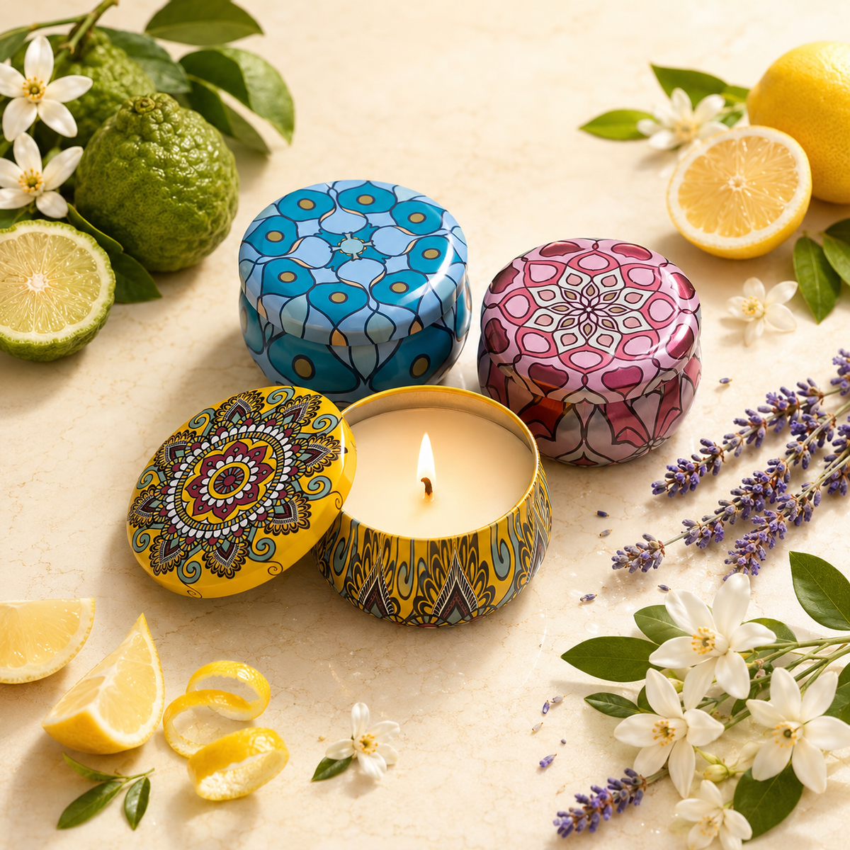 Decorative Mandala Tin Soy Wax Candle with Matching Lid (set of 2)