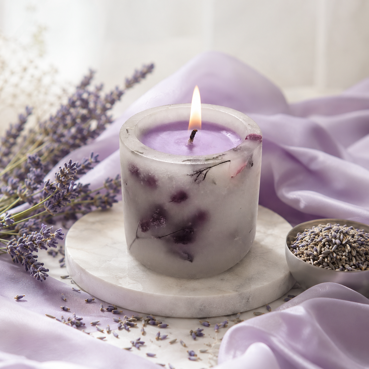Lavender Scented Botanical Pillar Candle, Para-Soy Wax with Embedded Floral Details, Light Purple Decorative Candle for Home Décor & Gifting, 8 cm Height × 7 cm Diameter, 250 g