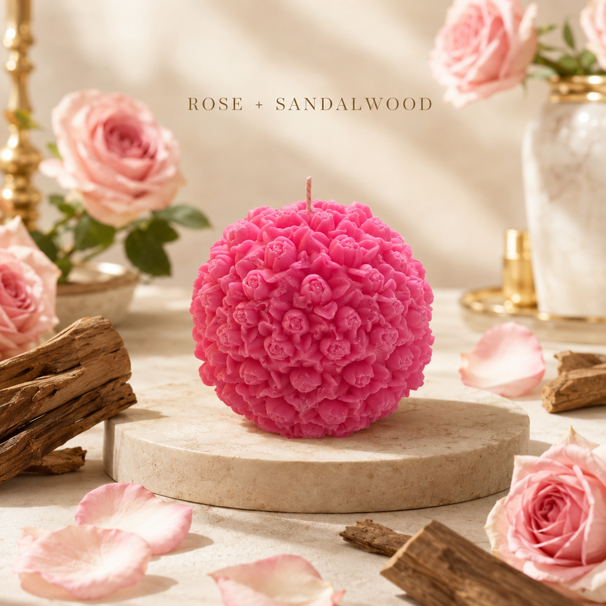 Aura & Hues Rose Bloom Ball Scented Candle, Pink Hand-Poured Natural Wax Candle with Sculpted Floral Design, Decorative Candle for Home Décor, Birthdays & Gifting