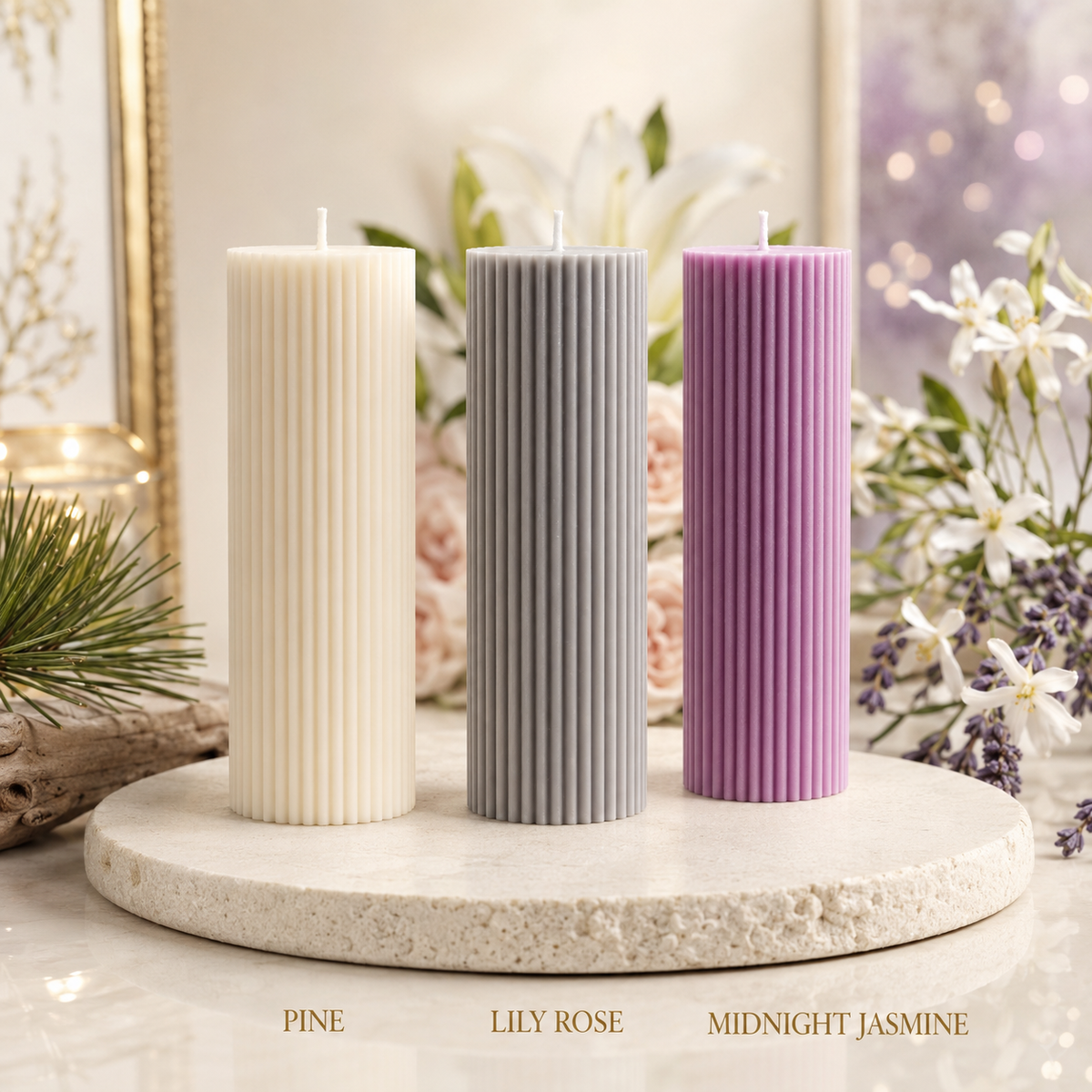 Aura & Hues Ribbed Pillar Candles, Set of 3 in Grey, Ivory & Lilac, Decorative Cylindrical Candles for Home Décor & Gifting, 10 cm Height × 4.5 cm Diameter, 250 g Each