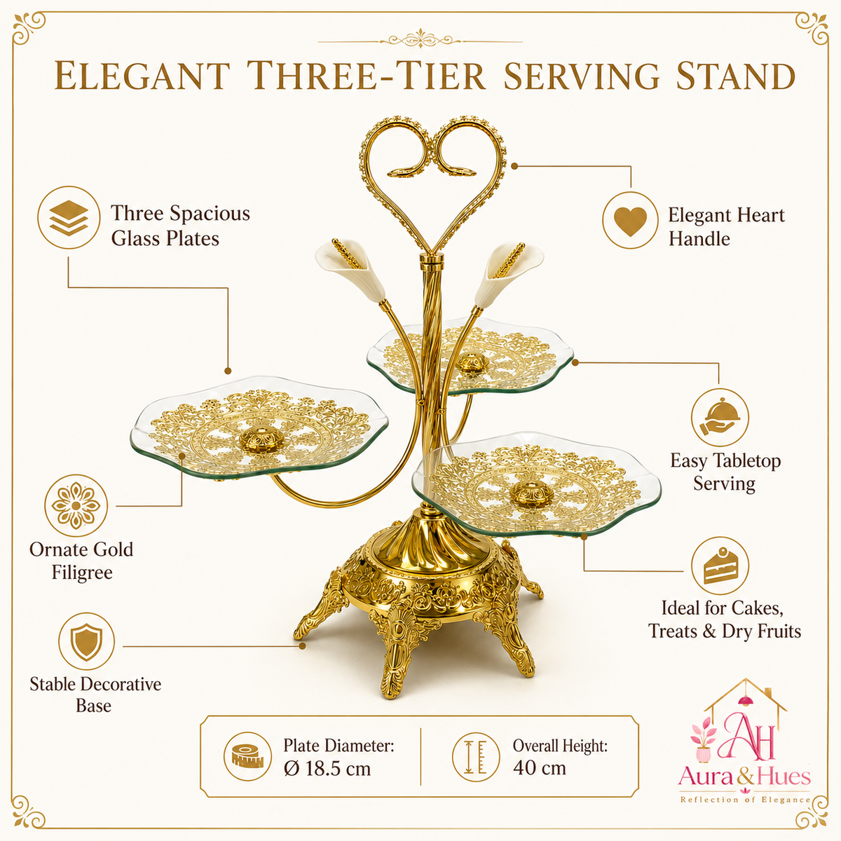 Aura & Hues Premium Golden Decorative Nesting Serving Trays Set of 3 Multipurpose Luxury Platters for Parties & Dining