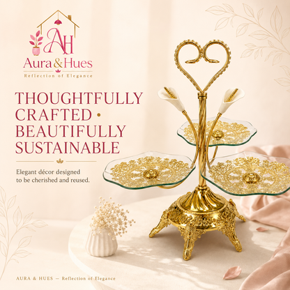 Aura & Hues Premium Golden Decorative Nesting Serving Trays Set of 3 Multipurpose Luxury Platters for Parties & Dining