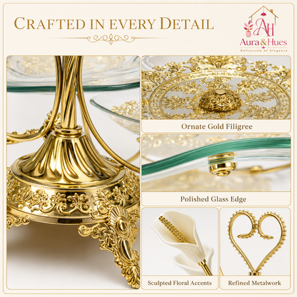 Aura & Hues Premium Golden Decorative Nesting Serving Trays Set of 3 Multipurpose Luxury Platters for Parties & Dining