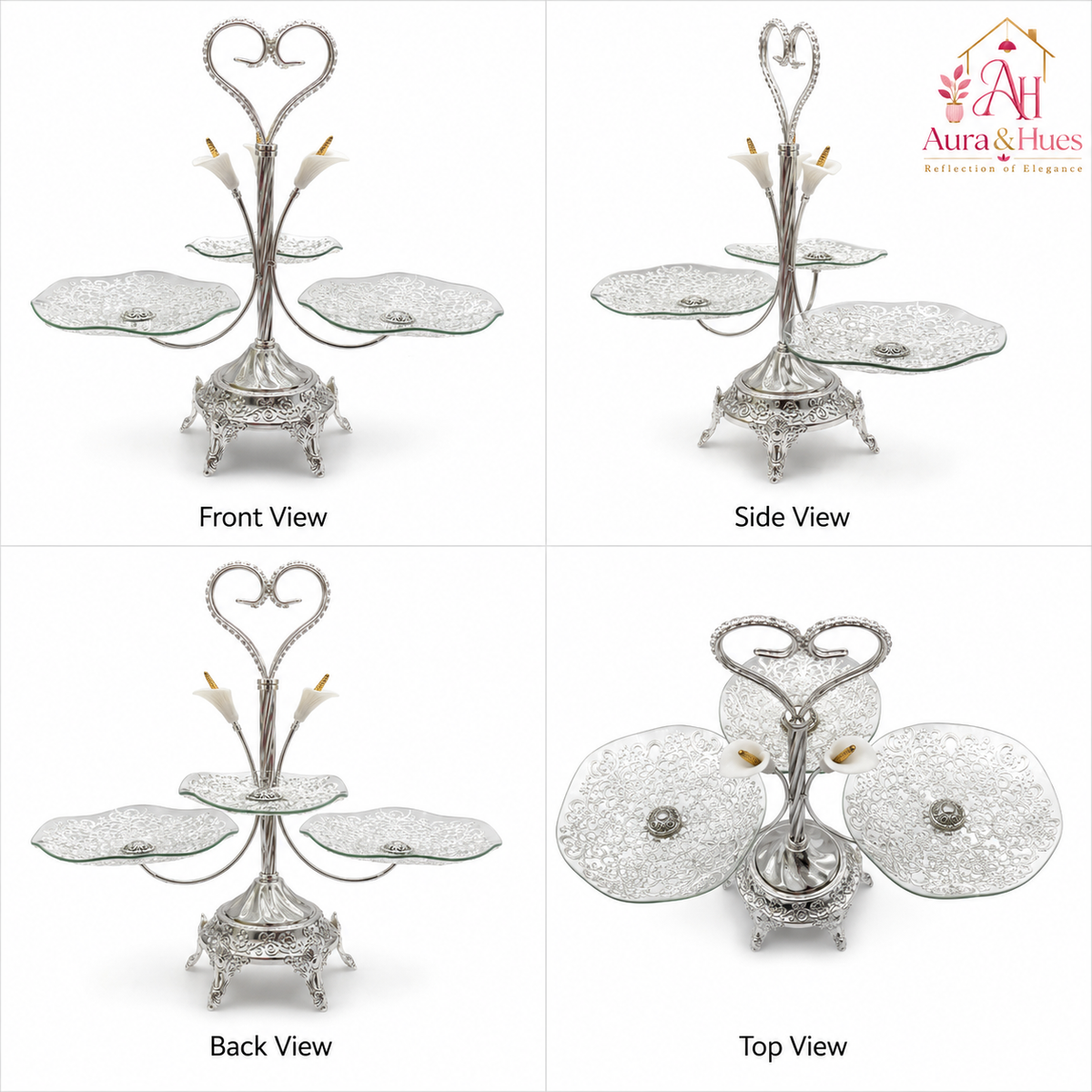 Aura & Hues Premium Silver Decorative Nesting Serving Trays Set of 3 Handcrafted Elegant Platters for Kitchen and Buffet