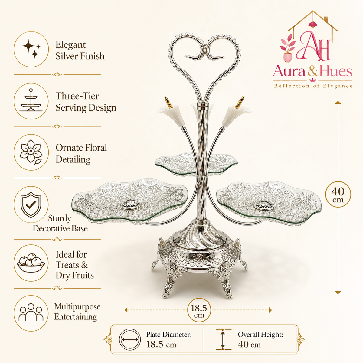 Aura & Hues Premium Silver Decorative Nesting Serving Trays Set of 3 Handcrafted Elegant Platters for Kitchen and Buffet