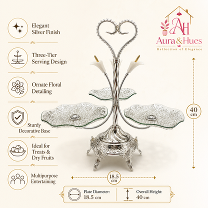Aura & Hues Premium Silver Decorative Nesting Serving Trays Set of 3 Handcrafted Elegant Platters for Kitchen and Buffet