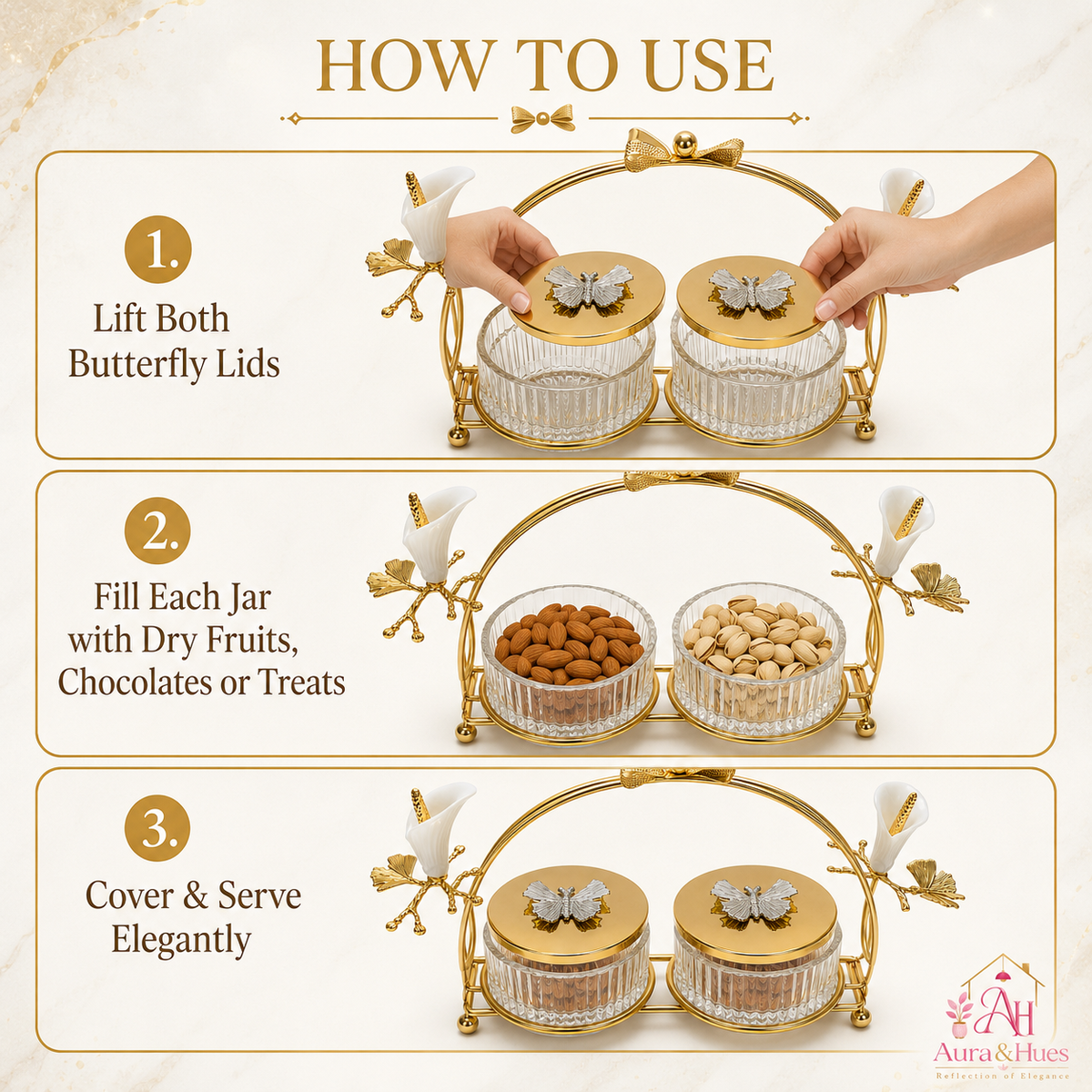 Aura & Hues Royal Golden Decorative Metal Serving Bowls Set of 2 Elegant Table Centerpiece Fruit and Dry Fruit Dish Set