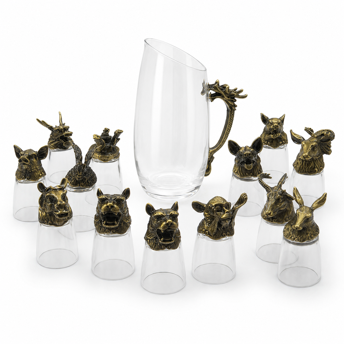 Aura & Hues Royal Antique Golden Shot Glasses Set with Serving Jar Decanter and Display Stand for Luxury Barware and Gifting